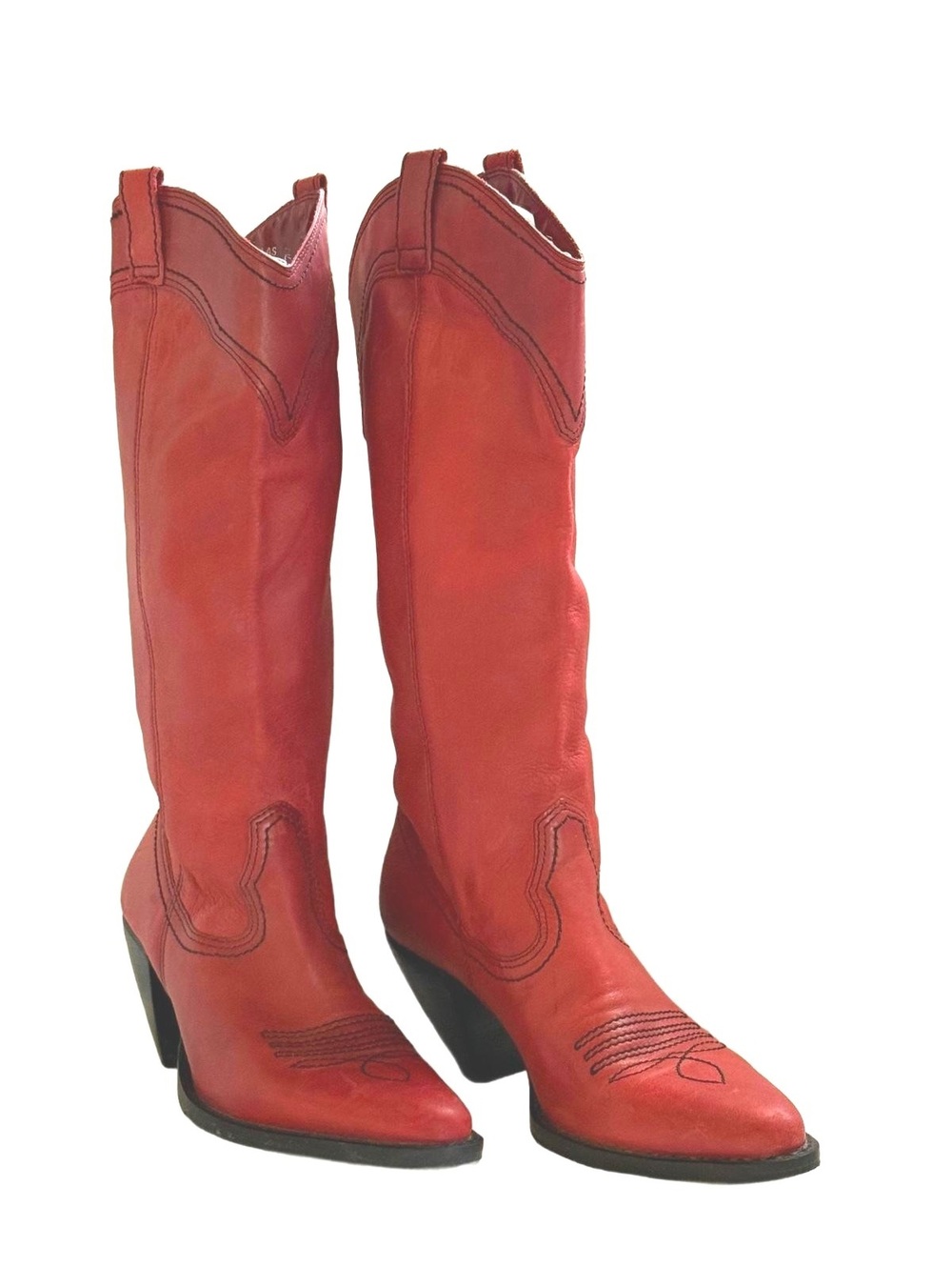 Vintage Red Leather Western Cowboy Boots Women’s 8M Pointed Toe Embroidered